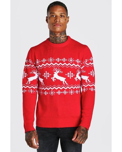 BoohooMAN Muscle Fit Reindeer Fair Isle Christmas Sweater - Red