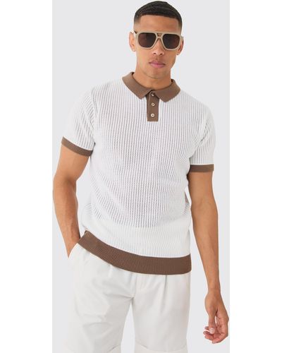 BoohooMAN Regular Fit Ribbed Open Stitch Contrast Polo In White
