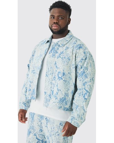BoohooMAN Plus Oversized Fit Fabric Interest Jean Jacket - Blue