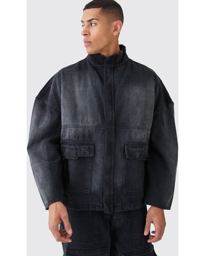 BoohooMAN Oversized Boxy Distressed Denim Jacket - Gray