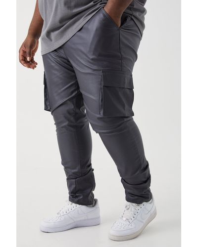 BoohooMAN Plus Skinny Stacked Coated Twill Cargo Trouser - Blue