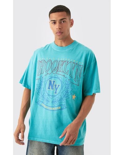 BoohooMAN Oversized Extended Neck Wash Varsity Brooklyn T-shirt - Blue