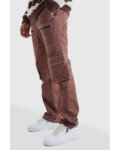 Boohoo Slim Multi Zip Cargo Pocket Contrast Stitch Trouser - Brown