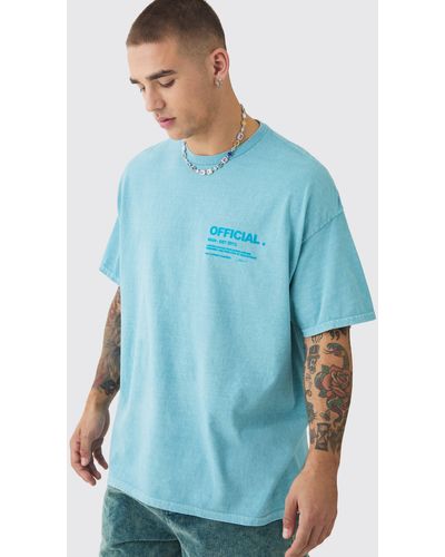 BoohooMAN Oversized Extended Neck Washed Offical Slogan Tshirt - Blau