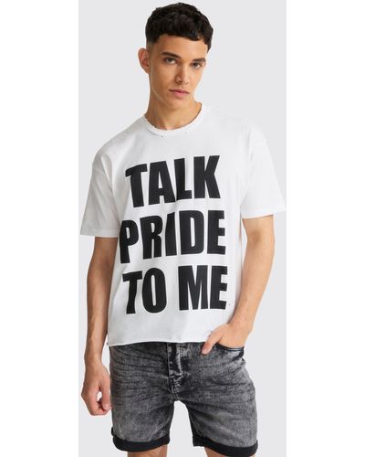 BoohooMAN Boxy Talk Pride To Me Distressed T-shirt - White