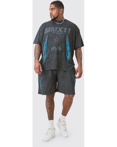 BoohooMAN Plus Acid Wash Moto T-shirt & Short Set - Blue