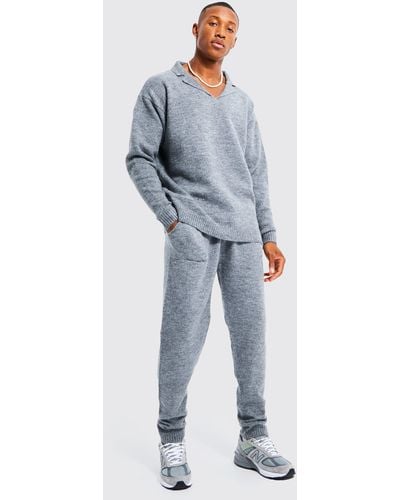 BoohooMAN Oversized Revere Knitted Polo Tracksuit - Blue