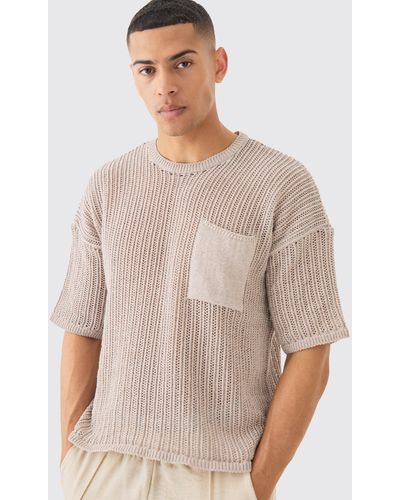 BoohooMAN Oversized Open Stitch T-shirt With Pocket In Stone - Natural