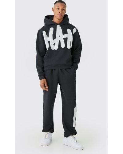 BoohooMAN Oversized Graphic Hooded Tracksuit - Blue