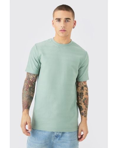BoohooMAN Slim Jacquard Raised Striped T-shirt - Grün