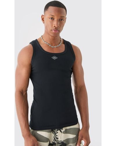 BoohooMAN Ribbed Branded Muscle Fit Vest - Black
