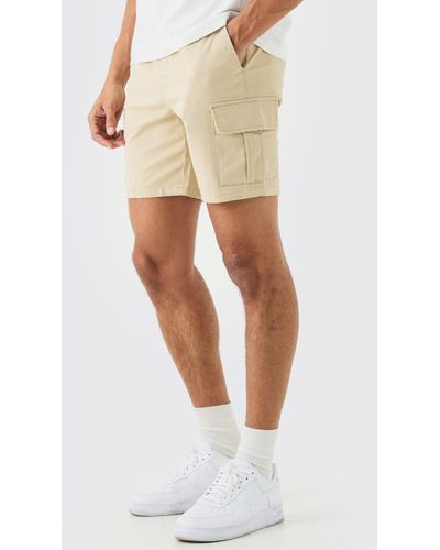BoohooMAN Elastic Waist Stone Slim Fit Cargo Shorts - Natural