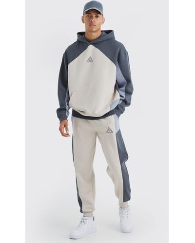 BoohooMAN Oversized Branded Color Block Hooded Tracksuit - Blue