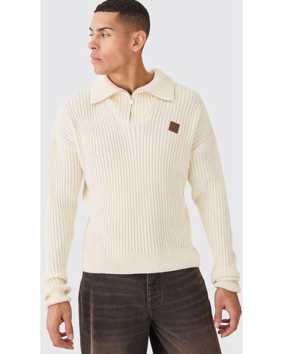 BoohooMAN Funnel Neck 1/4 Zip Ribbed Knit Jumper - Natural