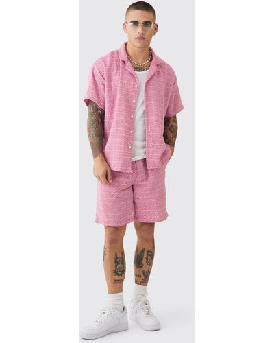 BoohooMAN Short Sleeve Boxy Textured Flannel Shirt & Short - Pink