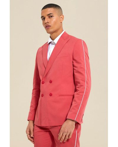 BoohooMAN Double Breasted Slim Piping Suit Jacket - Red