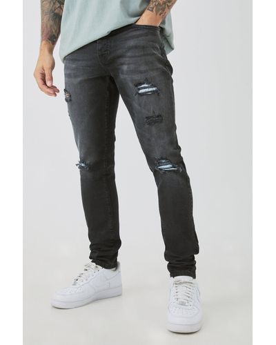 Boohoo Skinny Stretch Ripped Bandana Jeans In Washed Black
