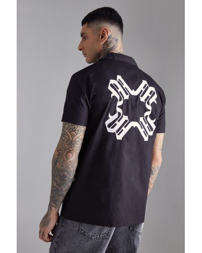 BoohooMAN Tall Short Sleeve Drop Revere Back Embroidered Shirt - Black