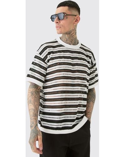 Boohoo Tall Crochet Striped Oversized Tshirt - Gris