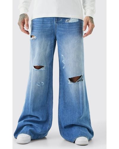 BoohooMAN Tall Extreme Baggy Frayed Self Fabric Applique Jeans - Blau