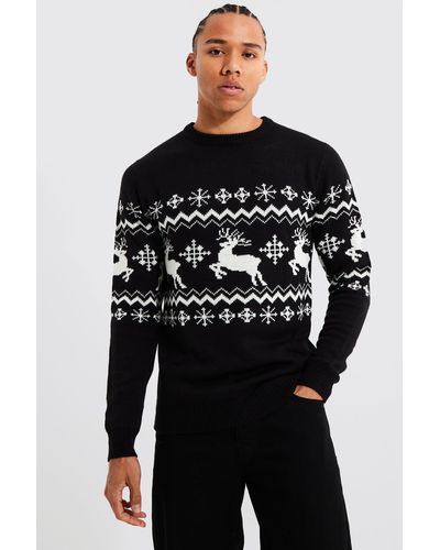 Boohoo Tall Reindeer Fairisle Panel Christmas Sweater - Black