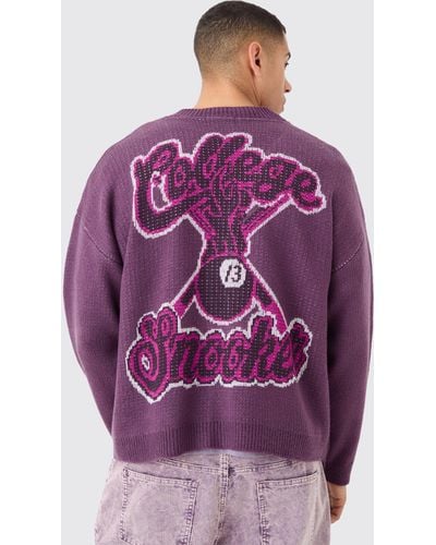 BoohooMAN Oversized Boxy Brushed Varsity Knit Cardigan - Purple