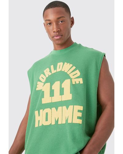 BoohooMAN Oversized Boxy Extended Waffle Applique Tank - Green