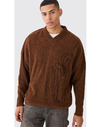 BoohooMAN Boxy V Neck Boucle Textured Knit Sweater - Brown