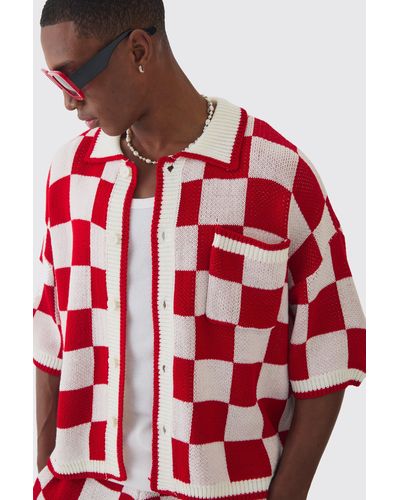 BoohooMAN Oversized Boxy Flannel Knitted Shirt - Red