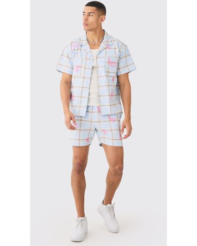 BoohooMAN Boxy Check Paisley Embroidered Shirt And Short - Weiß
