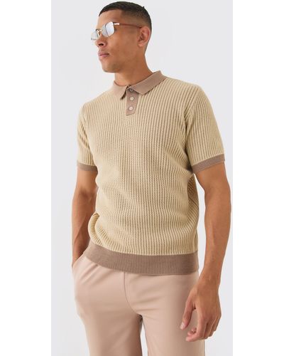 BoohooMAN Regular Fit Ribbed Open Stitch Contrast Polo In Taupe - Natural