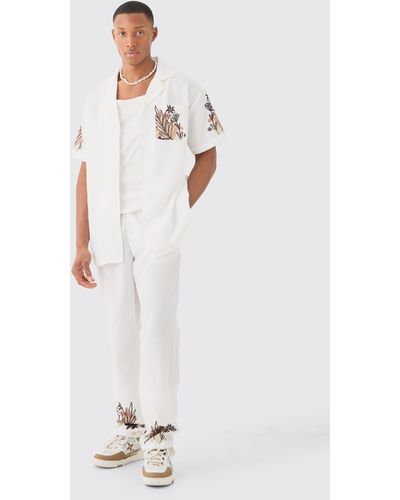 BoohooMAN Linen Look Floral Hem Shirt & Trousers - White