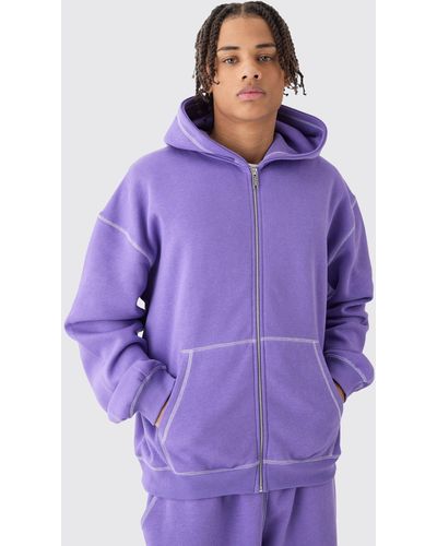 BoohooMAN Oversized Contrast Stitch Zip Through Hoodie - Purple