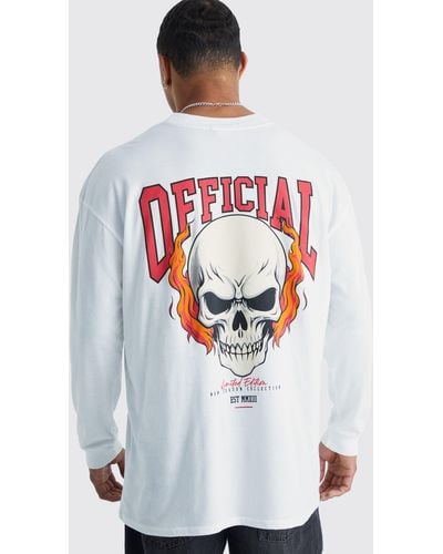 BoohooMAN Langärmliges Oversize T-Shirt mit Totenkopf-Print - Weiß