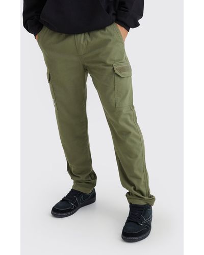 BoohooMAN Elastic Waist Straight Felt Detail Cargo Trouser - Green