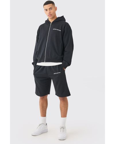 BoohooMAN Oversized Boxy Zip Through Hooded Short Tracksuit - Blue