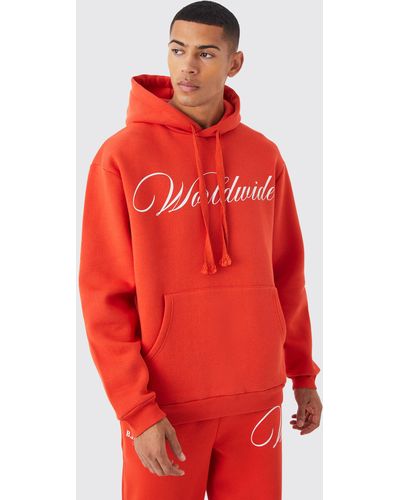 BoohooMAN Oversized Chunky Drawcord Printed Hoodie - Red