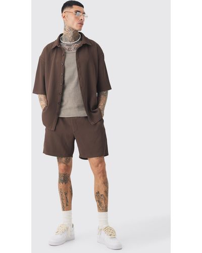 BoohooMAN Tall Oversized Short Sleeve Pleated Shirt & Short Set In Chocolate - Brown