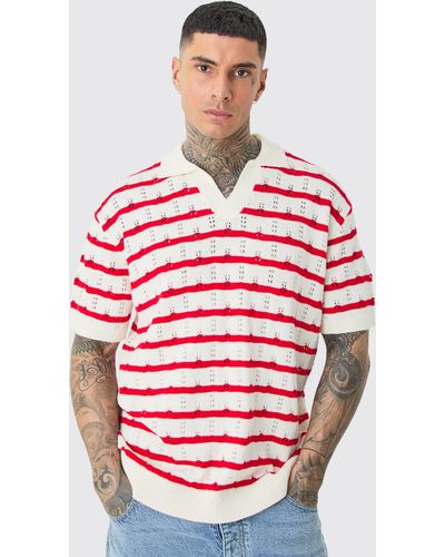 BoohooMAN Tall Short Sleeve Oversized Crochet Knit Stripe Polo In Red