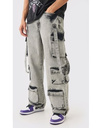 BoohooMAN Baggy Rigid Multi Pocket Flare Acid Washed Jeans In Charcoal - Grey