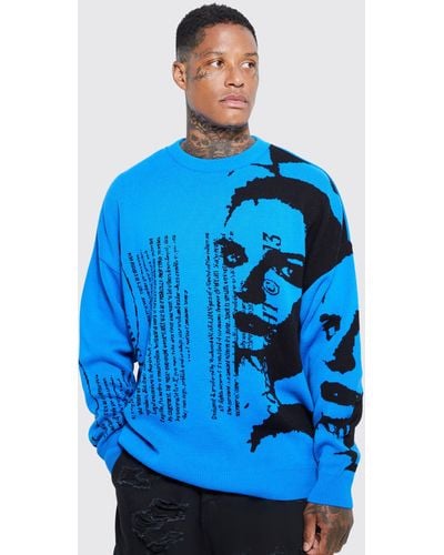 BoohooMAN Oversized Portrait Text Knitted Sweater - Blue