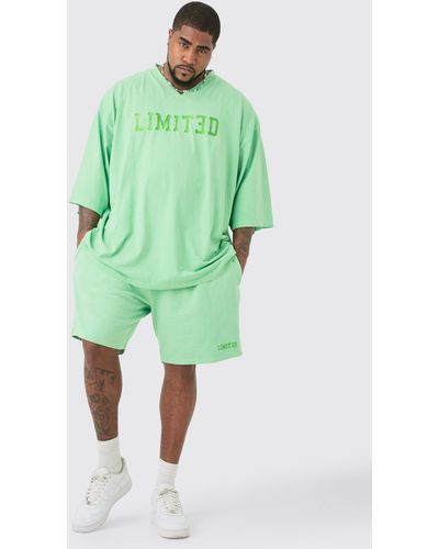 BoohooMAN Plus Embroidered Limited Football T-shirt & Short Set - Green