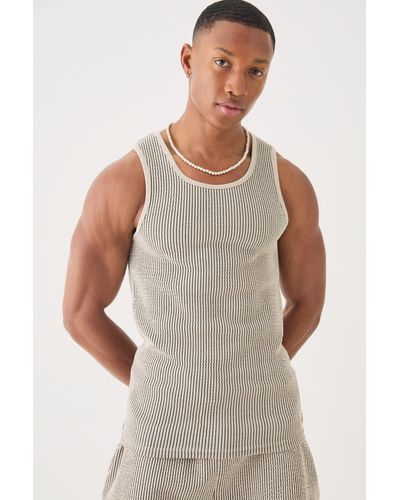 BoohooMAN Muscle Fit Textured Tank With Woven Tab - Natural