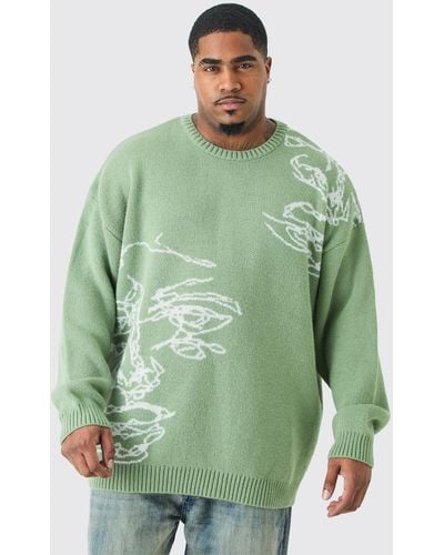 BoohooMAN Plus Oversized Knitted Line Drawing Drop Shoulder Jumper - Green