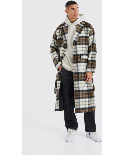 BoohooMAN Longline Brushed Check Belted Overcoat - Natural