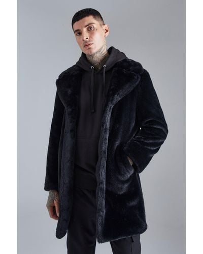 BoohooMAN Faux Fur Overcoat - Black
