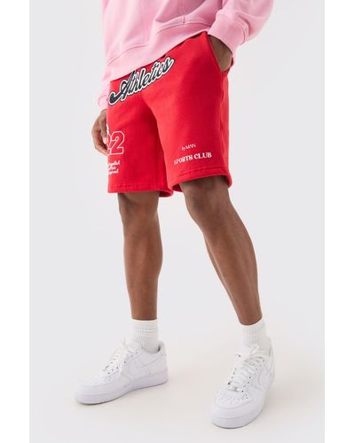 BoohooMAN Loose Fit Varsity Applique Shorts - Red