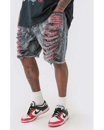 BoohooMAN Plus Extreme Rip Acid Wash Relaxed Fit Short - Black
