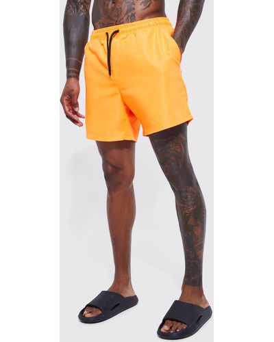 BoohooMAN Mid Length Plain Swim Shorts - Orange