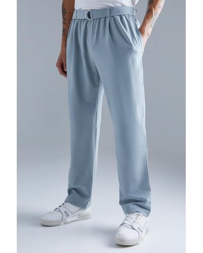 BoohooMAN Elasticated Straight Belted 4 Way Stretch Pants - Blue